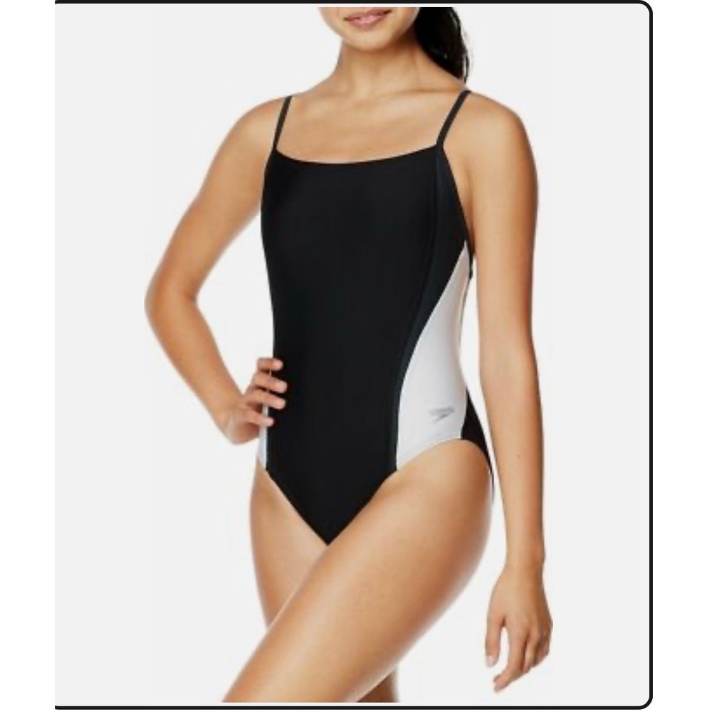 NWT. Speedo Womens One Piece Swimsuit Black White Colorblock X-Back Size 10/36